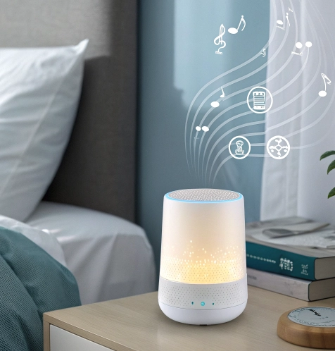 A smart sleep device emitting soft ambient light, placed on a bedside table next to a neatly made bed, with digital sound waves and musical notes illustrated above, symbolizing its sound therapy functionality for better sleep.