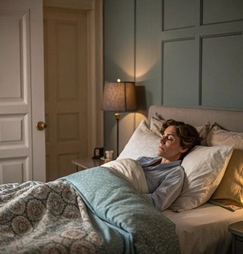 A woman peacefully sleeping in a cozy, well-lit bedroom with soft lighting from a bedside lamp, covered with a patterned blanket, creating a calm and restful atmosphere.