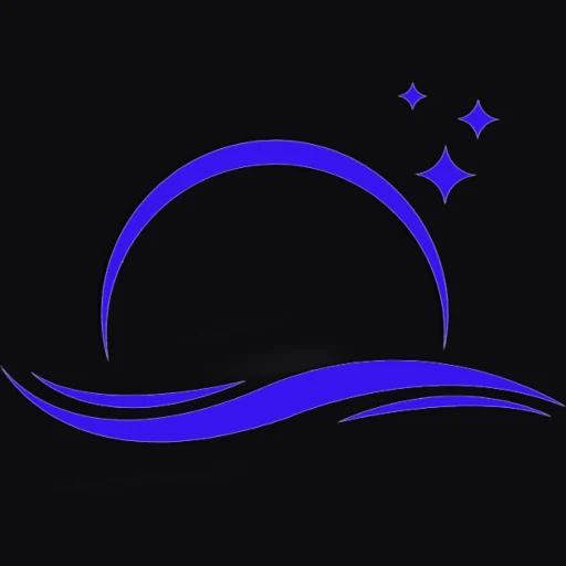 Minimalist logo design featuring a crescent moon, three stars, and flowing wave-like lines in blue on a black background, symbolizing calmness, relaxation, and restful sleep.