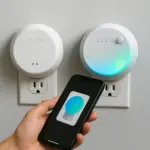 A digital photograph displays two Pura smart fragrance diffusers side-by-side in a wall outlet, with one glowing in cyan-green and a phone showing the control app.