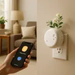 A photograph showcases a modern living room during the day, with a Pura diffuser plugged into the wall and flowers emerging from it, alongside a smartphone showing a scent selection app.