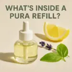 A digital photograph features a small transparent Pura scent refill bottle on a beige surface, surrounded by lemon, lavender, and basil to illustrate natural ingredients.